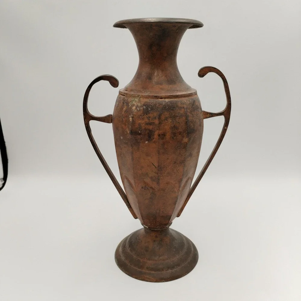 Vintage 10 In Solid Brass Double Handle Urn Vase Grecian Vessel Rustic Patina